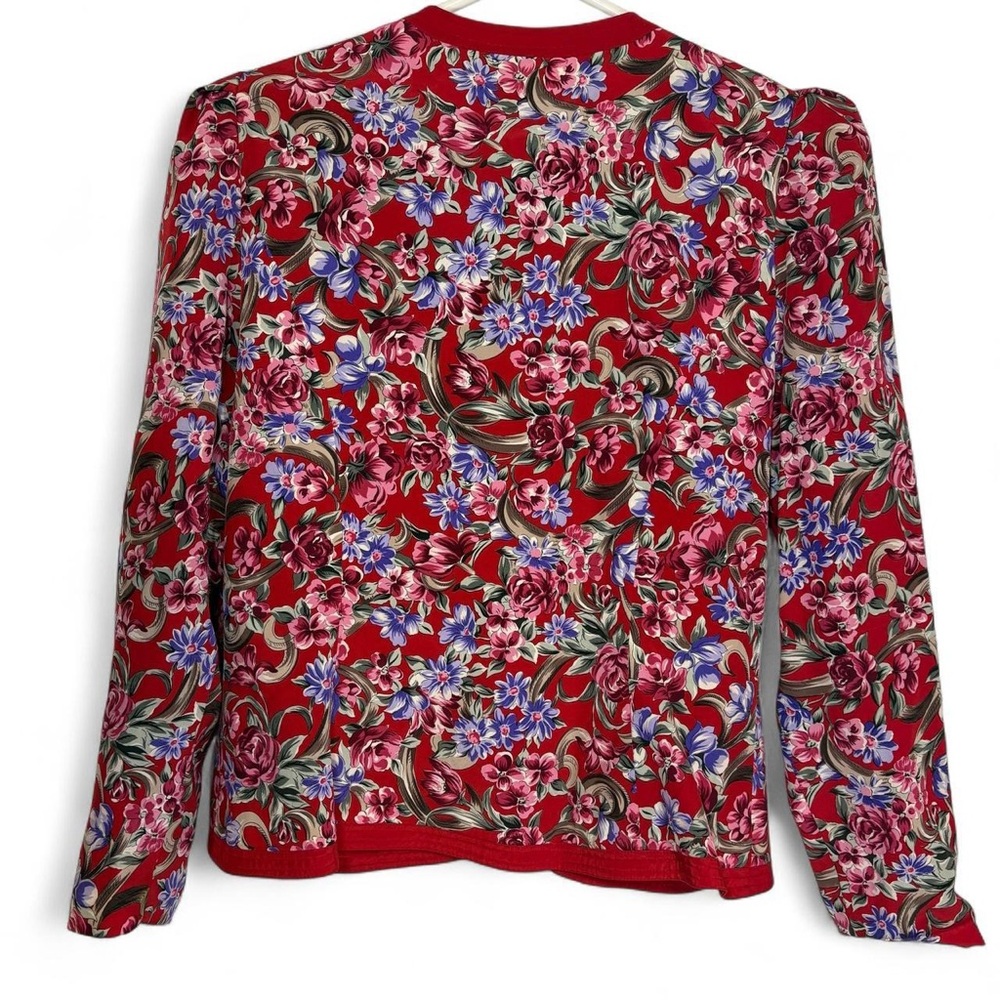 Vintage 100% silk red floral brocade puff sleeve Richard Warren jacket - Picture 7 of 8